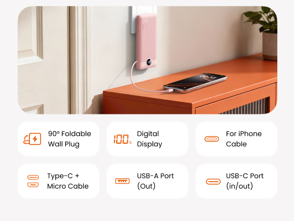 Portable Charger with Built-in Cables and Wall Plug-Pink