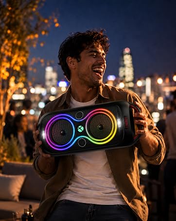 Young man enjoying the music with the portable speaker between his hands