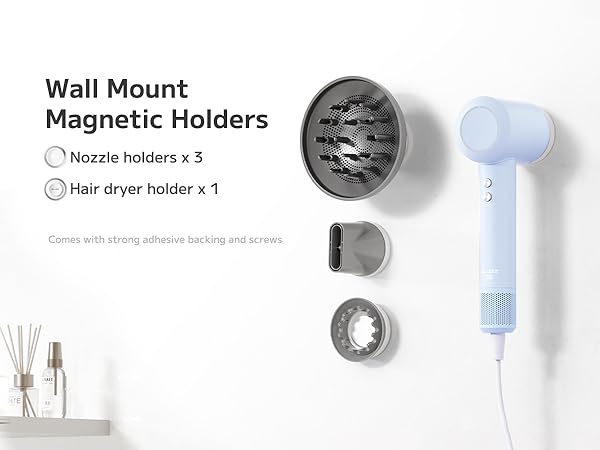 Wall mount magnetic holders for hair styling tools, including 3 nozzle holders and 1 hair dryer holder. Set includes adhesive backing and screws for installation.