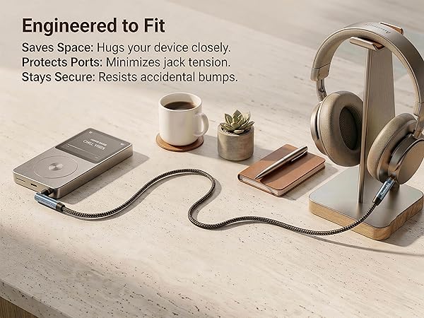 Portable music player connected to high end headphones using Nanxudyj 90 degree aux cord on a desk.