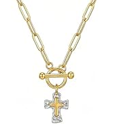 RINHOO Cross Necklace for Women 14K Gold Plated Two Tone Gold Silver Pendant with Chunky Papercli...
