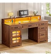 UPOSOJA 60'' Farmhouse Executive Desk with Drawers, Home Office Desk with Power Outlet &amp; LED Ligh...
