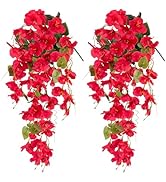 Artificial Hibiscus Fake Hanging Flowers Plants for Outdoors Spring Summer Decoration, 2pcs Red S...