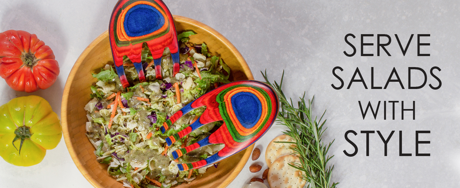 Baltique Marrakesh Salad Hands server serving utensil set colorful toss tongs fork host party wooden
