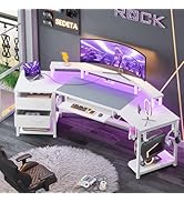 SEDETA 79" Gaming Desk, Computer Desk with 2 Fabric Drawers &amp; LED Light, White Small Desk with St...