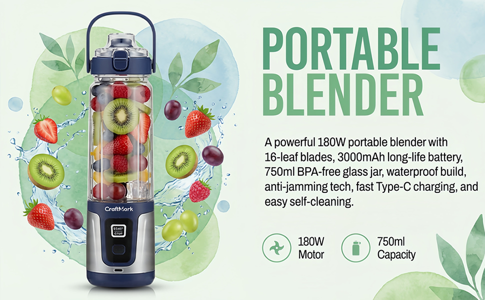 Text reads 'PORTABLE BLENDER'. Marketing image series showing a portable blender device with floating fruits and leaves, highlighting product features and capacity.