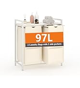 Garvee 97L Laundry Basket 2 Section, Laundry Hamper with Shelf &amp; 2 Removable Bags, Dirty Clothes ...