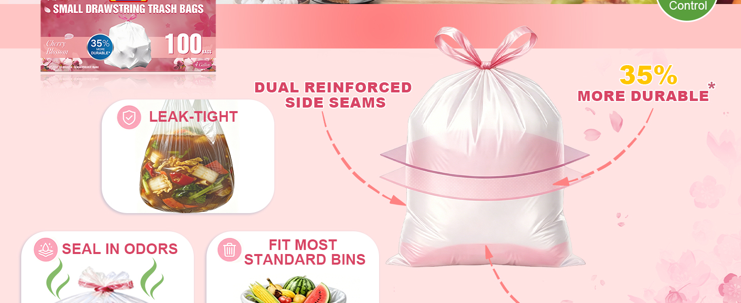 35% more durable*;Dual reinforced side seams; Leak-Proof Reinforced Bottom