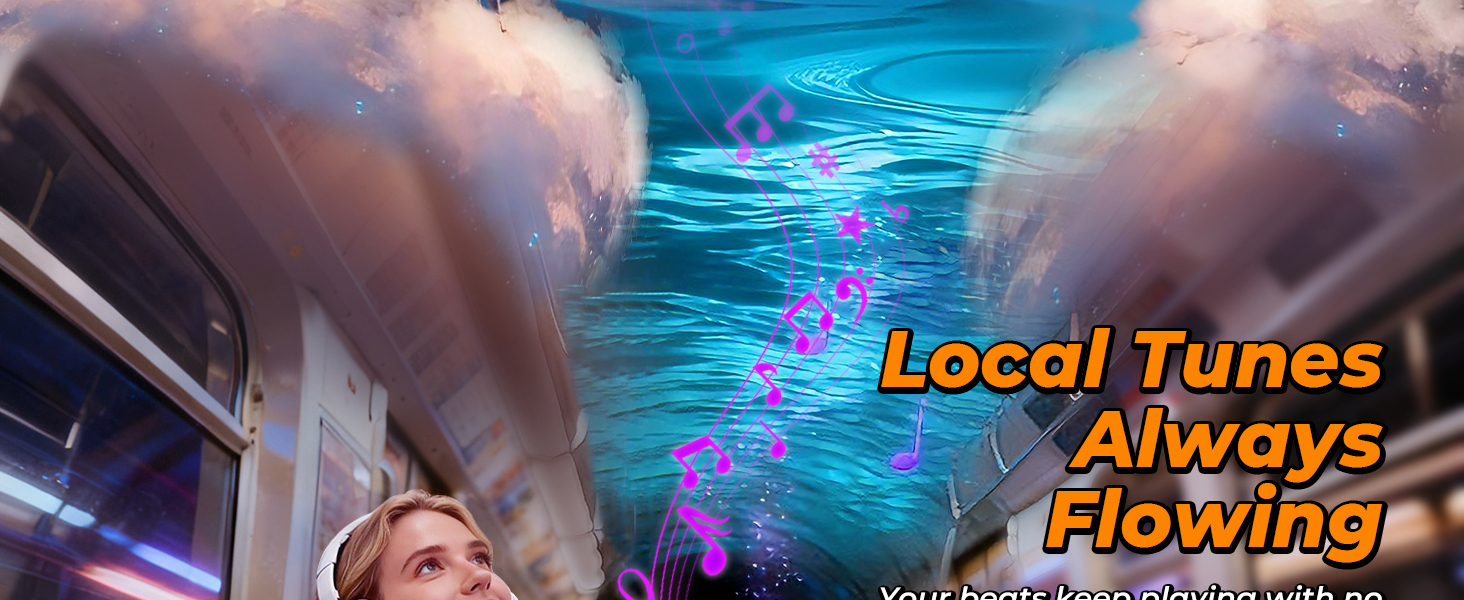 Person listening to music on a MP3 player in a subway, with music notes floating around