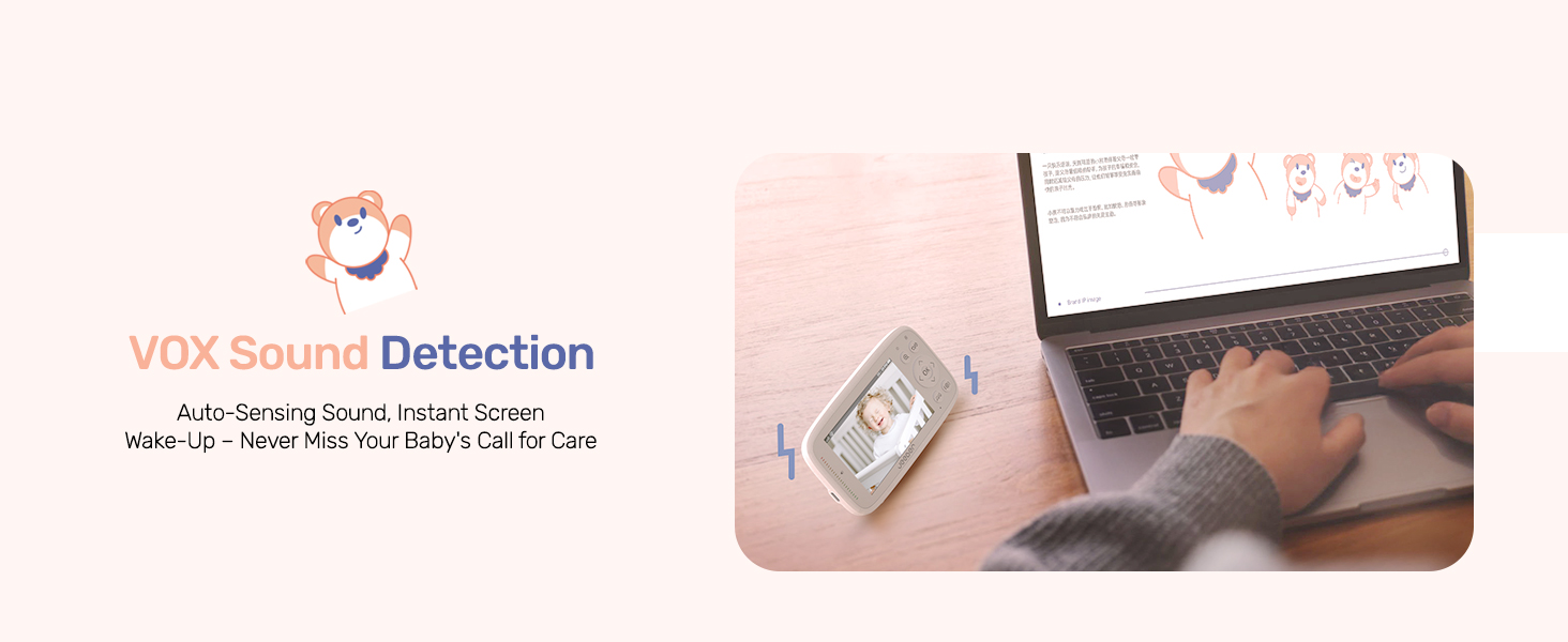 Text reads 'VOX Sound Detection'. Shows split image of electronic device and person using laptop with device nearby.