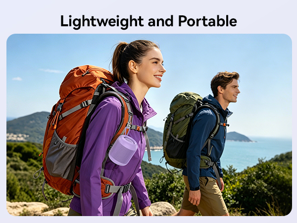 Text reads 'Lightweight and Portable'. Three hikers wearing backpacks walking on mountain trail with scenic valley and mountains visible in background during daytime.