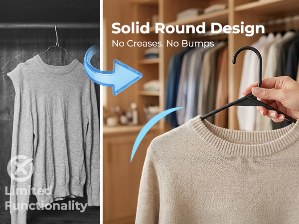 Clothes black hangers with hook. No bumps or creases on blouses. Protects delicate fabrics like silk