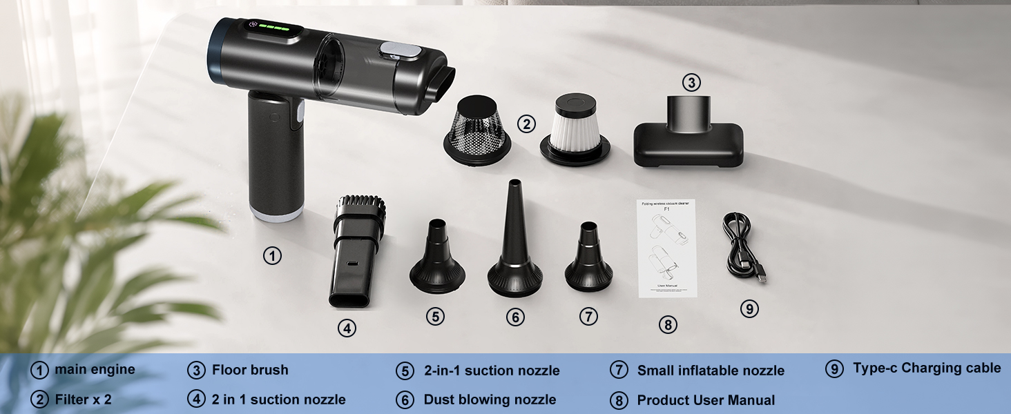 Cordless handheld car vacuum with complete accessory kit and replacement filter