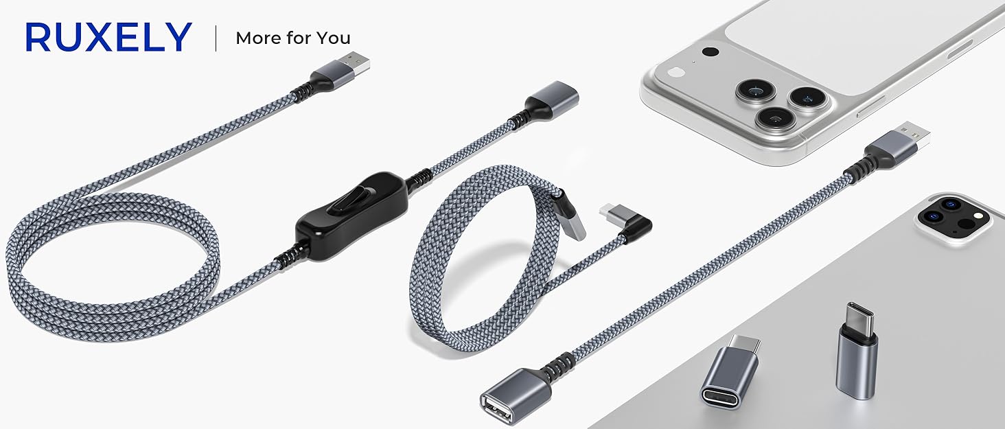 Text reads 'RUXELY'. Product lineup showing braided USB cables in gray color with various connector types and lengths displayed in horizontal arrangement.