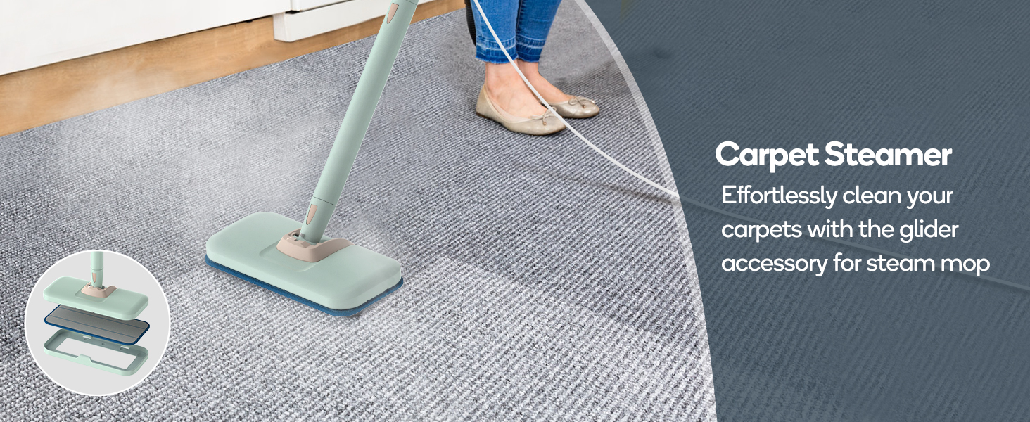 Carpet steamer in use on grey carpet, featuring mint green handle and cleaning head. Includes inset product image and cleaning description.
