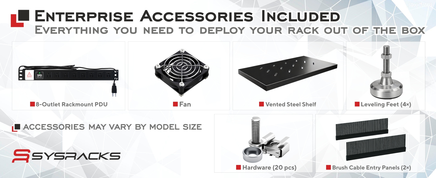 Server rack accessories displayed - PDU, FAN,vented steel shelf, leveling feet, hardware