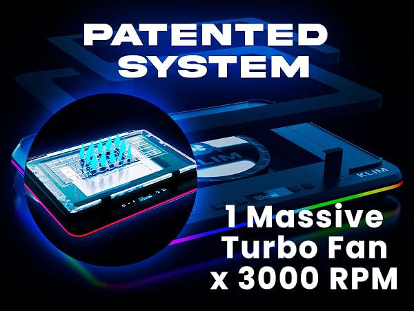 Text reads 'PATENTED SYSTEM' and '1 Massive Cooling Fan x 3000 RPM'. Shows technical product image with blue-lit cooling system components.