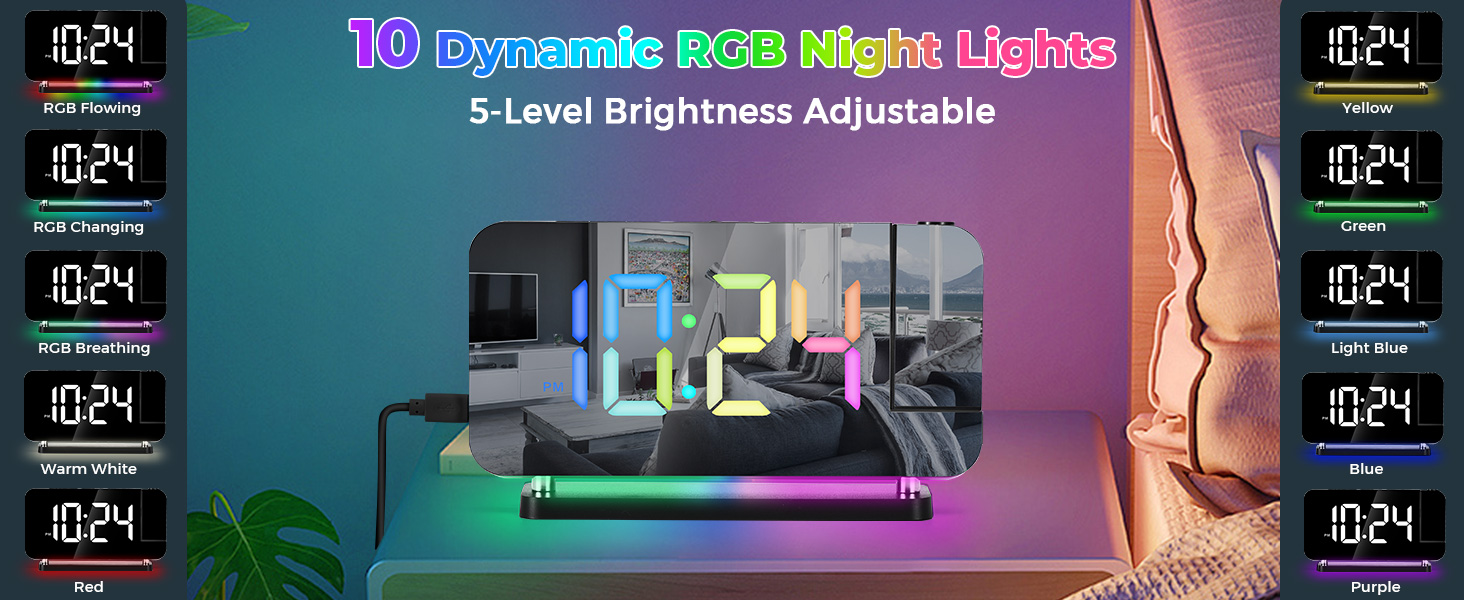 led mirror digital alarm clock with rgb night light