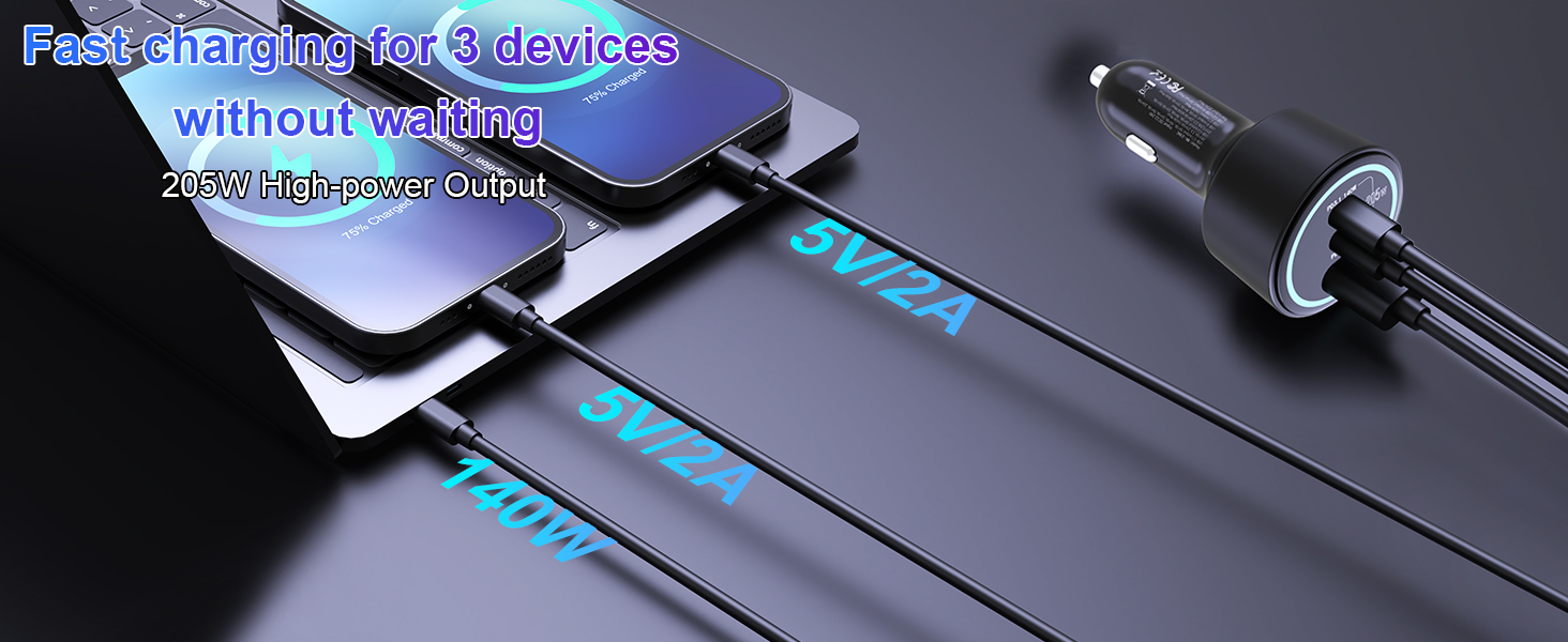 3 ports usb c car charger