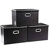 PRANDOM Large Foldable Storage Bins with Lids [3-Pack] Leather Fabric Collapsible Storage Boxes O...