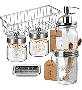 SheeChung 6Pcs Mason Jars Bathroom Accessories Set - Toothbrush Holder, Soap Dispenser, Qtip Hold...