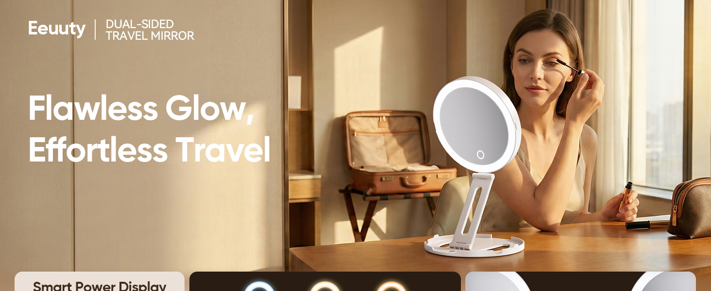 Woman using eeuuty dual sided lighted travel mirror on hotel desk for flawless makeup