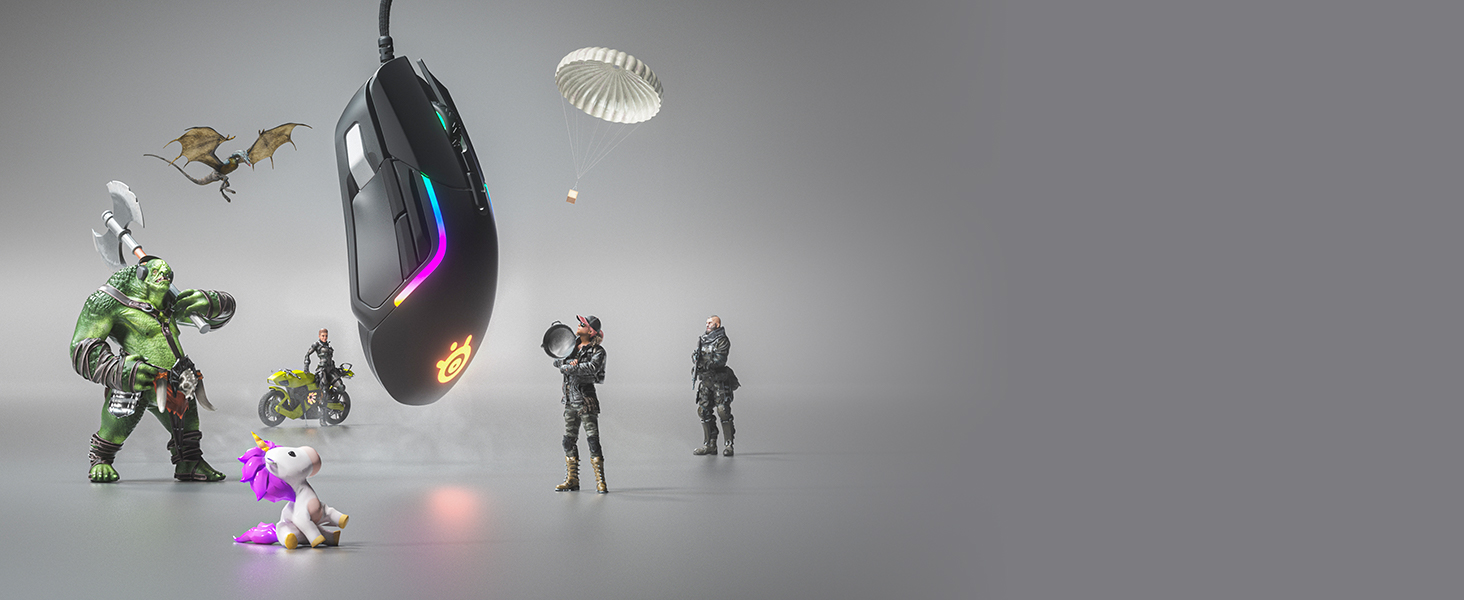 -SteelSeries Rival 5 mouse floating surrounded by SteelSeries troll and other 3D game characters