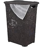 Laundry Hamper With Lid Lace Design 50 Liter - Brown Laundry Hamper Basket With Cutout Handles, R...