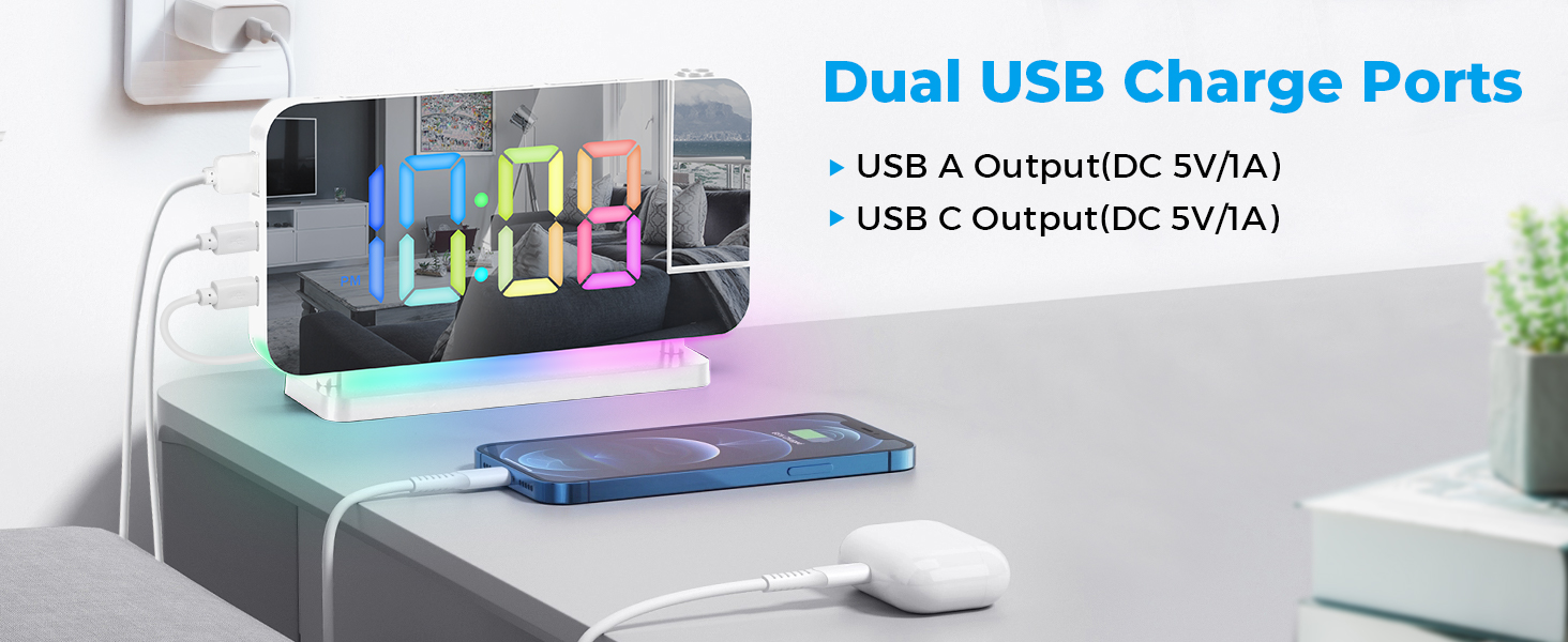 projection led mirror digital alarm clock with rgb night light