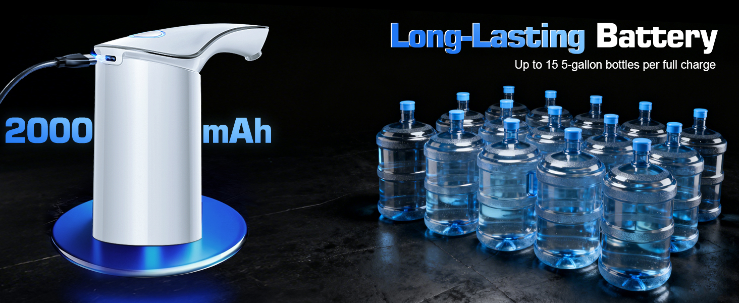 Long-Lasting Battery Up to 15 5-gallon bottles per full charge