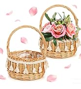 WRINGKIT 2 Pack Flower Girl Basket, Small Wicker Basket with Silk Petals, White Ribbon, Plastic L...
