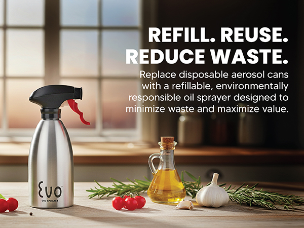 Evo Oil Sprayer 18/8 Stainless Steel, Non-Aerosol for Olive, Cooking Oils, and Vinegars