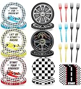 96Pcs Racing Car Birthday Party Plates and Napkins for Checked Race Car Party Decorations Start Y...