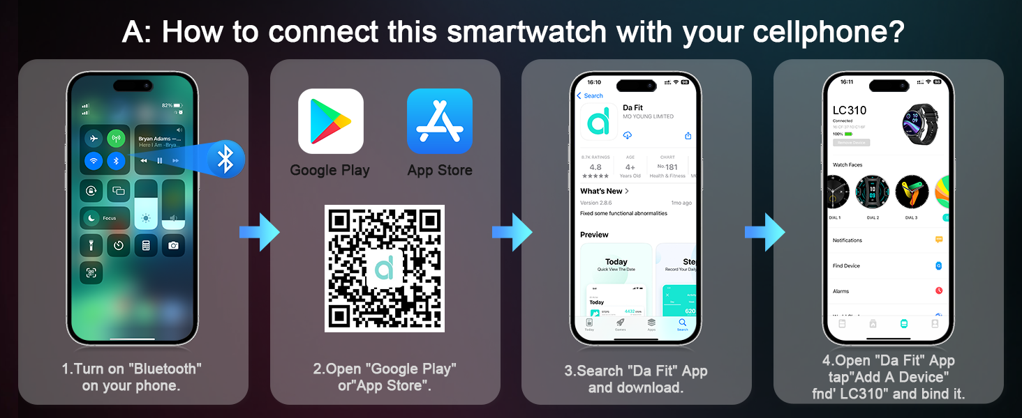 The smartwatch is synchronized via Bluetooth link to the &amp;amp;amp;#34;Da Fit&amp;amp;amp;#34; APP