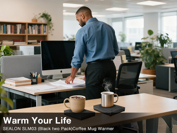 A cozy desk setup with a steaming mug next to an open book and a soft lamp glow