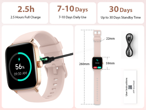 Long battery life smart watch for women with 7–10 days of daily use on a single charge