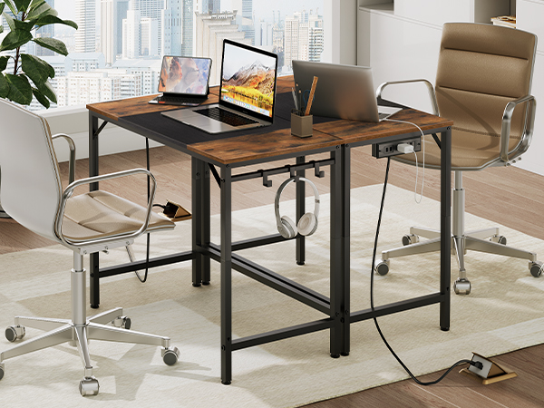 Computer Desk, Home Office Desk with Power Outlet, Modern Study Writing Desk