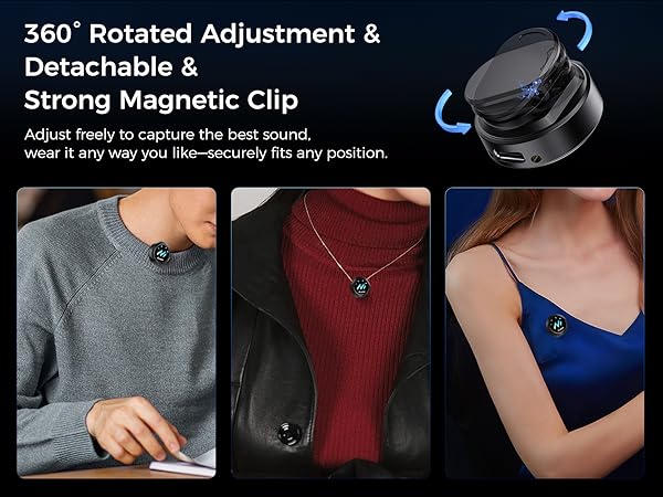 Text reads '360° Rotated Adjustment &amp; Detachable &amp; Strong Magnetic Clip'. Product demonstration showing wearable device clip on different clothing items in gray and red.