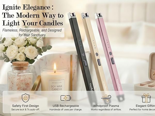 Castelar Electric Candle Lighter, USB Rechargeable. Flameless Arc, Windproof, Safety Switch.