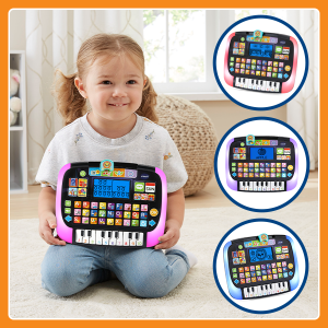 Child with Little Apps Learning Tablet glowing pink. The lights can also turn red, purple or blue.
