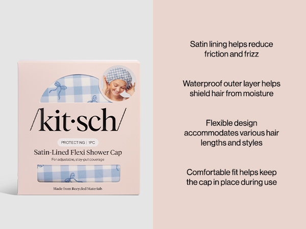 Kitsch Luxury Satin-Lined Flexi Shower Caps for Women Reusable Waterproof