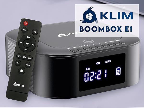 Boombox E1 with CD case - CD Player Portable Audio System + Extra BASS with Subwoofer + FM Radio