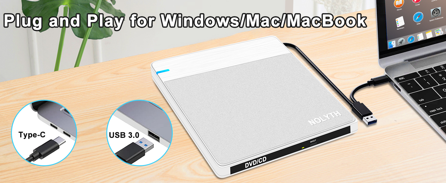The usb cd/dvd external drive is easy to use for MacBook laptop, plug and play by USB or USB-C port