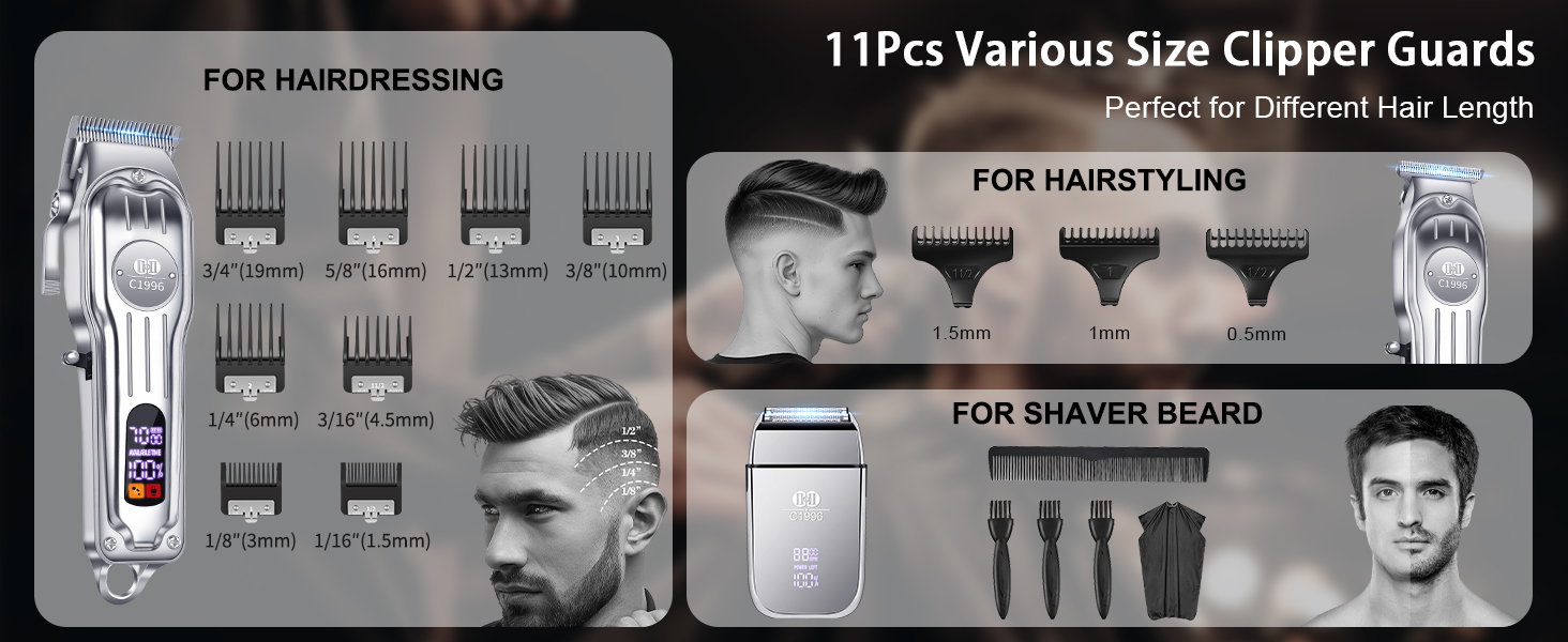 Text reads 'FOR HAIRSTYLING' '11Pcs Various Size Clipper Guards'. Display of hair clipper attachments and grooming tools arranged in product showcase format.