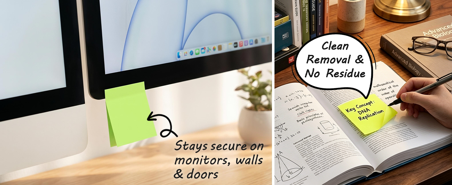 Stays secure on monitors, walls &amp;amp; doors Clean Removal &amp;amp; No Residue