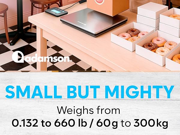 Text reads 'SMALL BUT MIGHTY' and 'Weighs from 0.132 to 660 lb / 60g to 300kg'. Shows close-up machinery components in coral-tinted lighting.