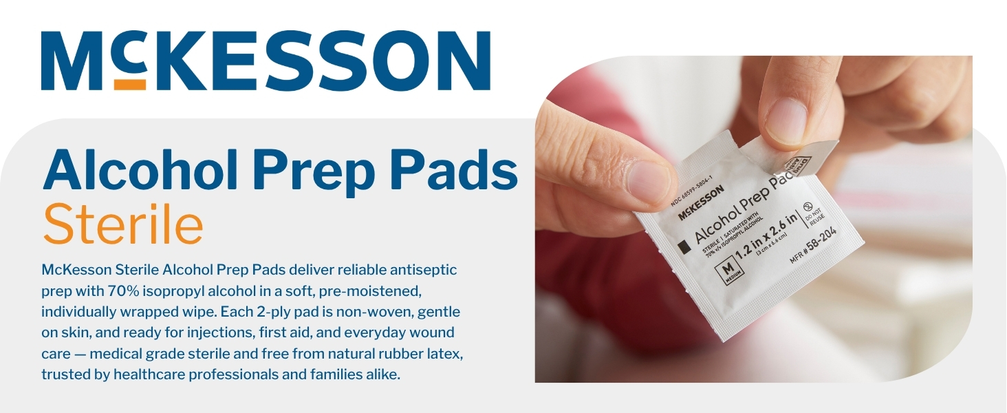 McKesson Sterile Alcohol Prep Pads with 70% isopropyl alcohol for cleansing