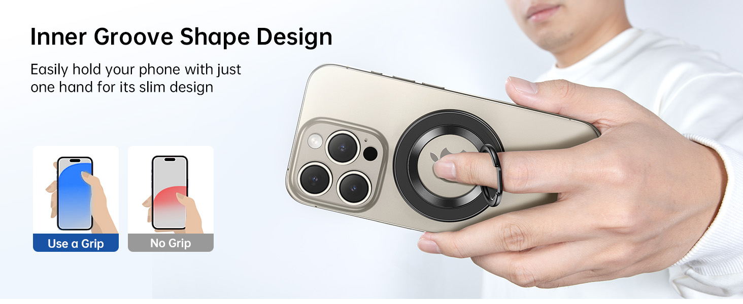 Text reads 'Inner Groove Shape Design' and 'Like a Grip' / 'No Grip'. Product demonstration showing phone grip feature with comparison diagrams illustrating grip functionality.