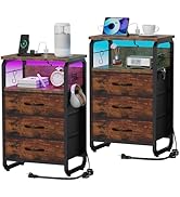 runjuly Tall Nightstand Set of 2 with Charging Station, Bed Side Tables Bedroom Set of 2, LED Nig...