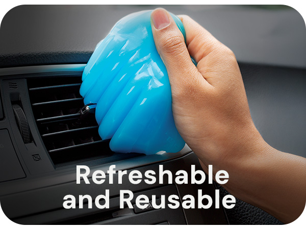 AutoJoe Car Cleaning Gel pressed on a car’s AC vents. Text reads: Refreshable and Reusable